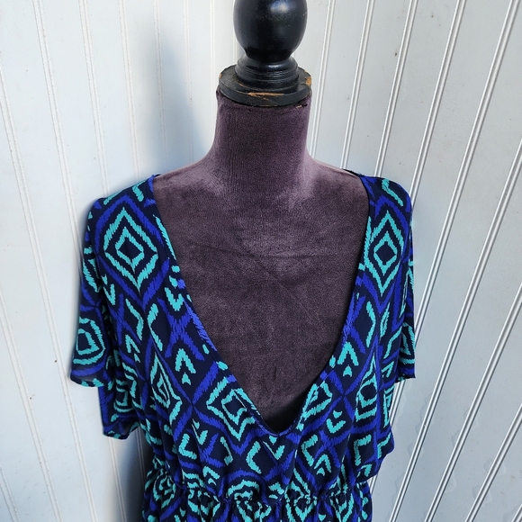 Merona Blue Green Geometric Print Swim Dress Cover-Up Elastic Waist Sheer XL - Picture 4 of 12